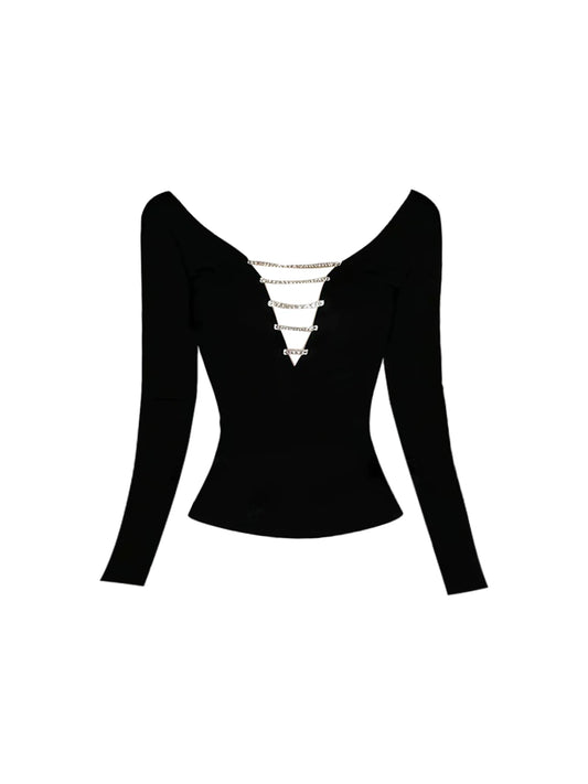 Avant-Garde High-Waist Leather Fur Trim Bodycon Mini Skirt Sexy Black Chain Detail Deep V Crop Top 2-Piece Short Dress AP5421