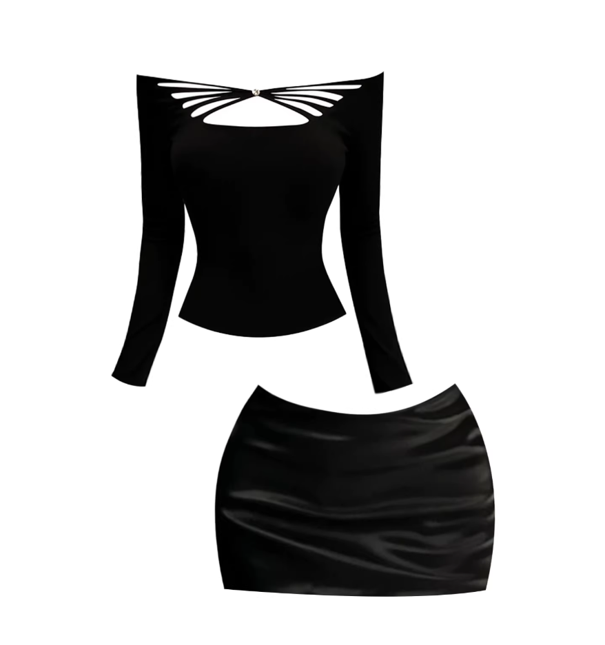 Eye-Catching Ruched Bodycon 2-Piece Mini Skirt Chic Black Cutout Off-Shoulder Long Sleeve Crop Short Dress AP5422