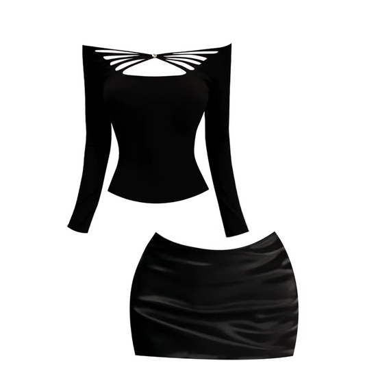 Eye-Catching Ruched Bodycon 2-Piece Mini Skirt Chic Black Cutout Off-Shoulder Long Sleeve Crop Short Dress AP5422