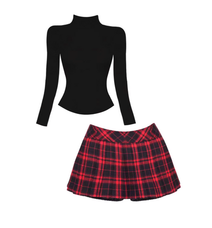 Fresh Red Plaid Pleated Two-Piece Mini Skirt Trendy Black Turtleneck Long Sleeve Crop Top A-Line Short Dress AP5423
