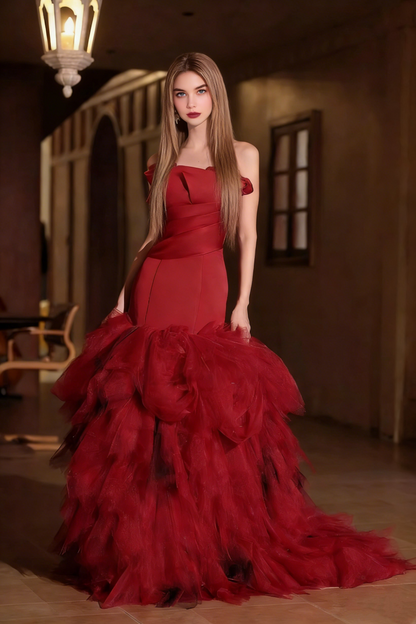 Voluminous Strapless Long Evening Mermaid Dress Red Tiered Tulle Prom Dress AP5424