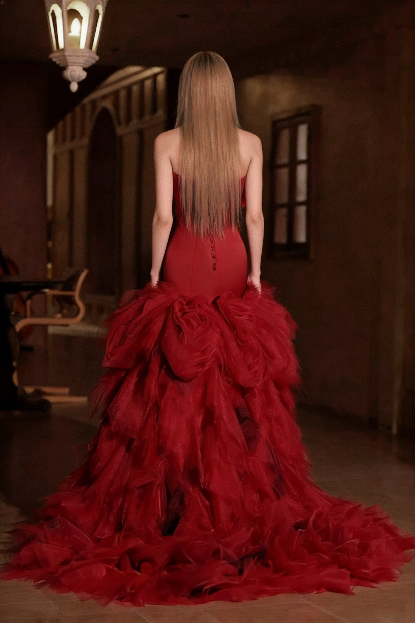 Voluminous Strapless Long Evening Mermaid Dress Red Tiered Tulle Prom Dress AP5424