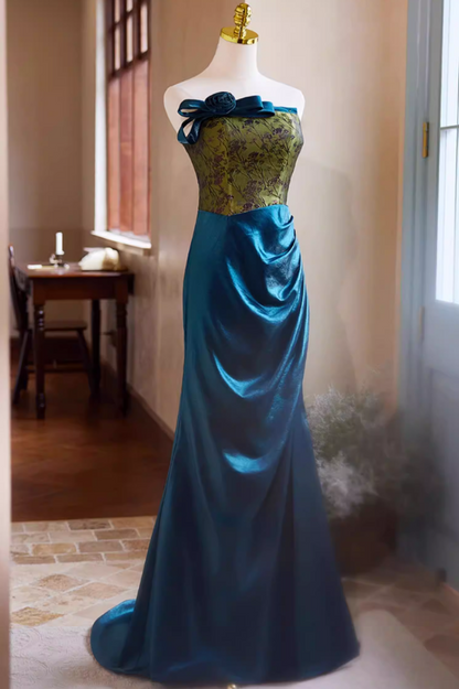 Sleek Strapless 3D Floral Long Evening Mermaid Dress Bow Jacquard Draped Satin Prom Dress AP5425