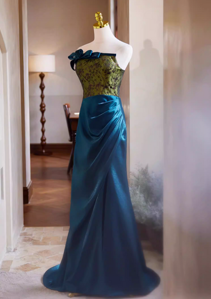 Sleek Strapless 3D Floral Long Evening Mermaid Dress Bow Jacquard Draped Satin Prom Dress AP5425