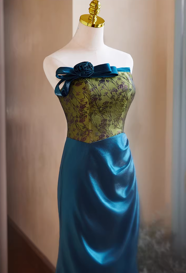Sleek Strapless 3D Floral Long Evening Mermaid Dress Bow Jacquard Draped Satin Prom Dress AP5425