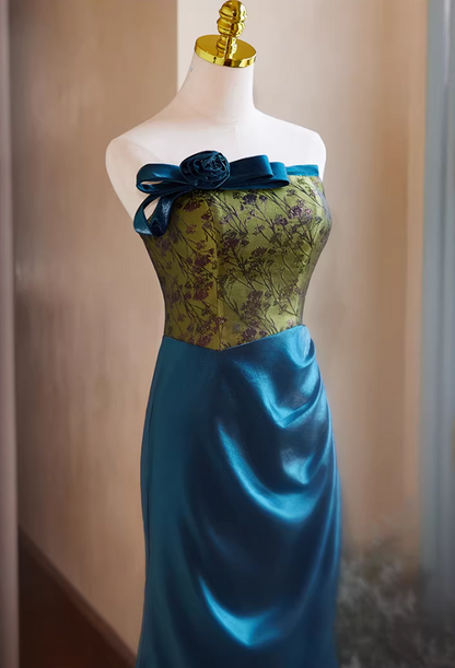 Sleek Strapless 3D Floral Long Evening Mermaid Dress Bow Jacquard Draped Satin Prom Dress AP5425
