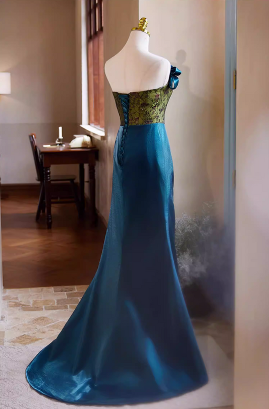Sleek Strapless 3D Floral Long Evening Mermaid Dress Bow Jacquard Draped Satin Prom Dress AP5425