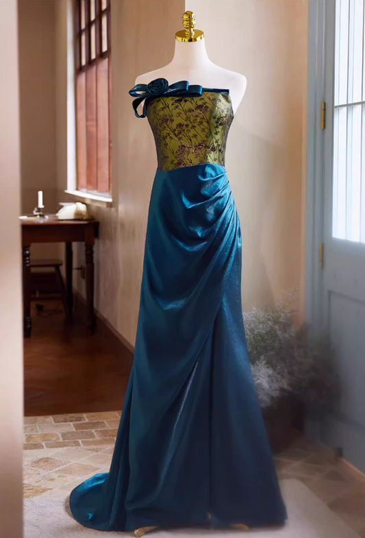 Sleek Strapless 3D Floral Long Evening Mermaid Dress Bow Jacquard Draped Satin Prom Dress AP5425