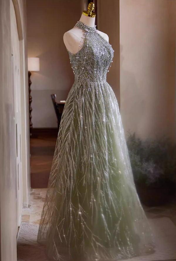 Victorian-Inspired Halter Neck A-Line Cutout Sweet 16 Gowns Sequins Beading Green Prom Dress AP5426