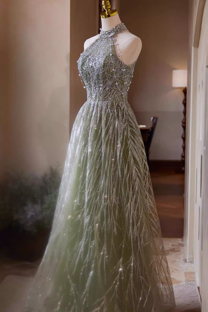 Victorian-Inspired Halter Neck A-Line Cutout Sweet 16 Gowns Sequins Beading Green Prom Dress AP5426