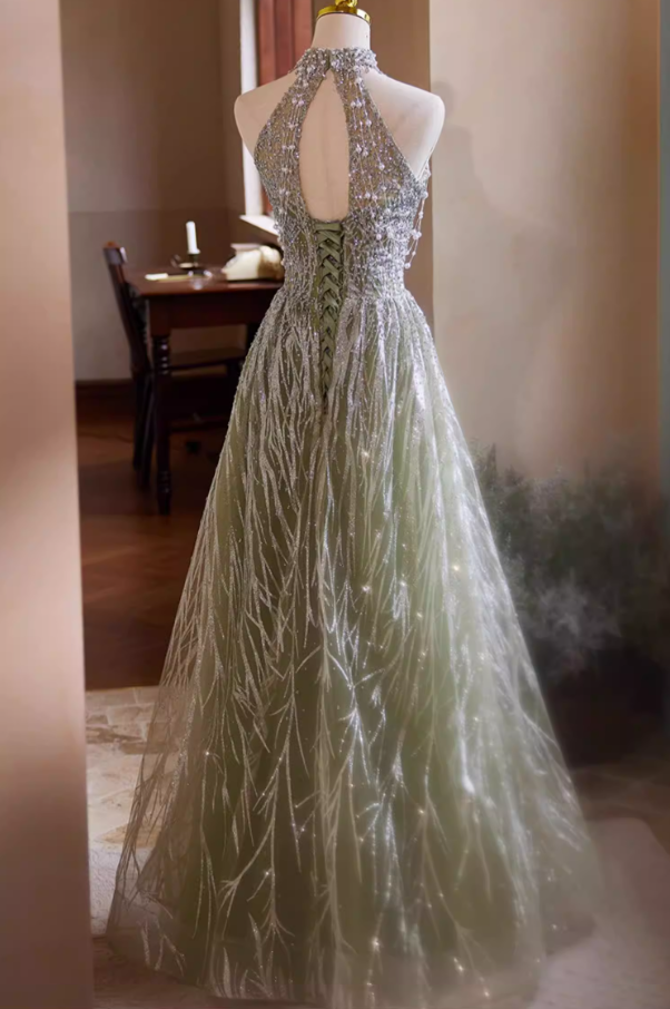 Victorian-Inspired Halter Neck A-Line Cutout Sweet 16 Gowns Sequins Beading Green Prom Dress AP5426