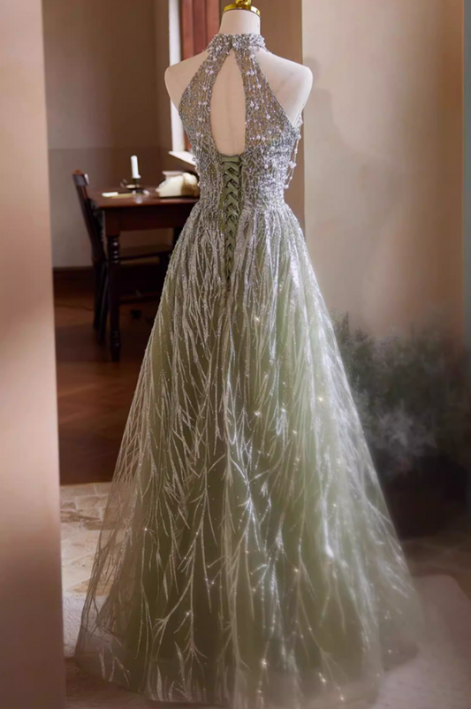 Victorian-Inspired Halter Neck A-Line Cutout Sweet 16 Gowns Sequins Beading Green Prom Dress AP5426