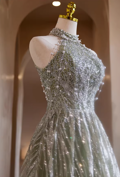 Victorian-Inspired Halter Neck A-Line Cutout Sweet 16 Gowns Sequins Beading Green Prom Dress AP5426