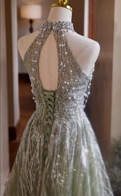 Victorian-Inspired Halter Neck A-Line Cutout Sweet 16 Gowns Sequins Beading Green Prom Dress AP5426