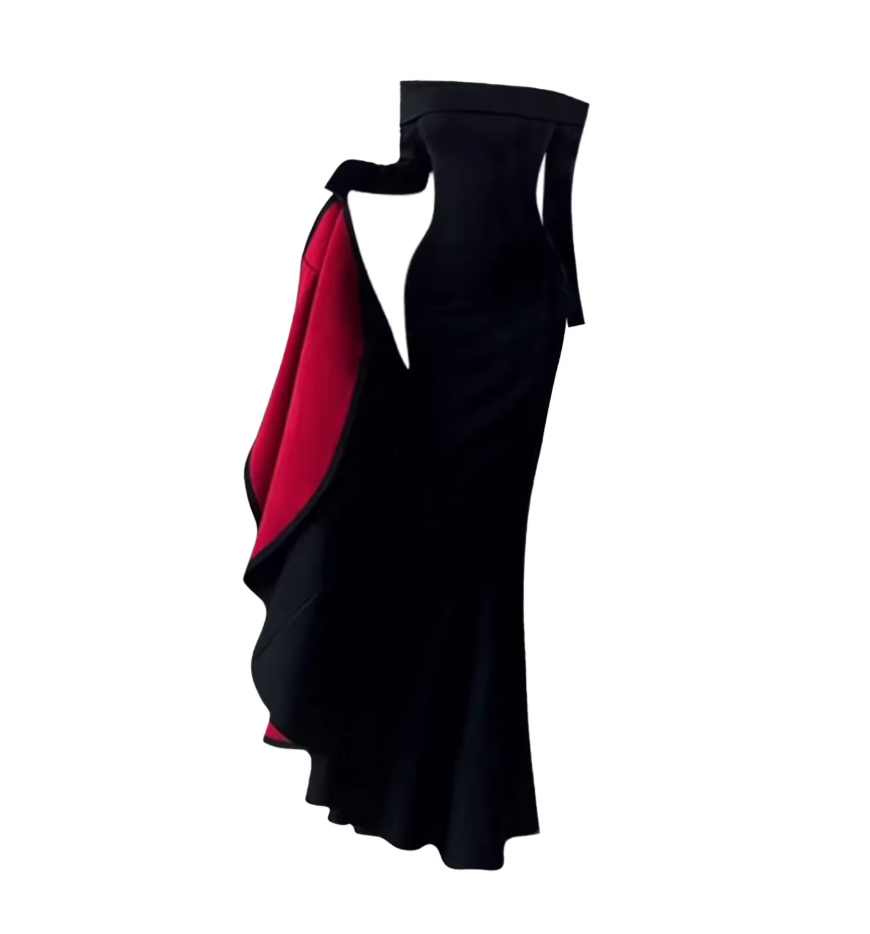 Refined Off-Shoulder Long Sleeve Cutout Back Detail Maxi Dress Dramatic Red-Lined Ruffle Cascade Mermaid Long Dress AP5411