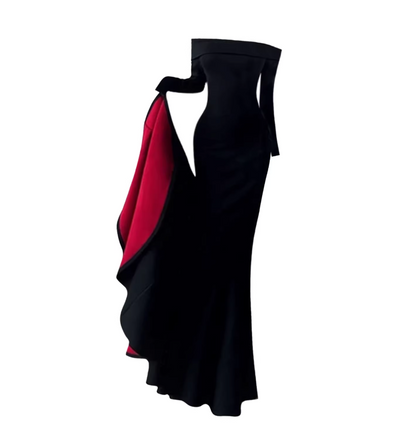 Refined Off-Shoulder Long Sleeve Cutout Back Detail Maxi Dress Dramatic Red-Lined Ruffle Cascade Mermaid Long Dress AP5411