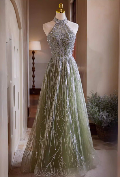 Victorian-Inspired Halter Neck A-Line Cutout Sweet 16 Gowns Sequins Beading Green Prom Dress AP5426