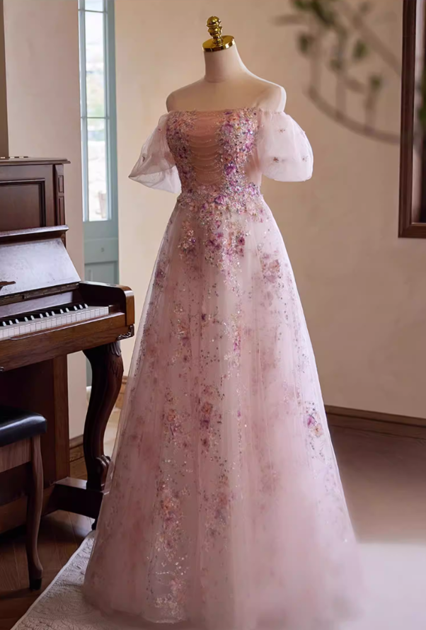 Dainty Off-Shoulder Pink Tulle A-Line Sweet 16th Dresses Appliques Sequins Beading Prom Dress AP5427