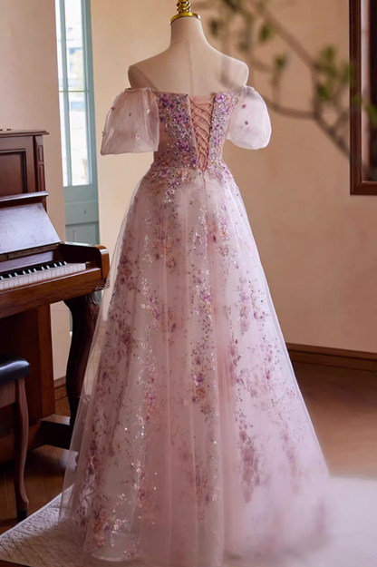 Dainty Off-Shoulder Pink Tulle A-Line Sweet 16th Dresses Appliques Sequins Beading Prom Dress AP5427