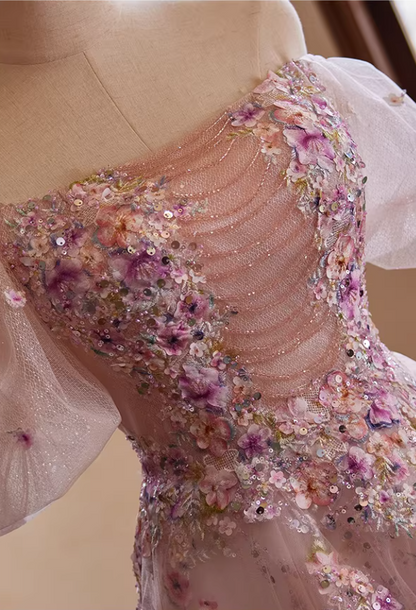 Dainty Off-Shoulder Pink Tulle A-Line Sweet 16th Dresses Appliques Sequins Beading Prom Dress AP5427