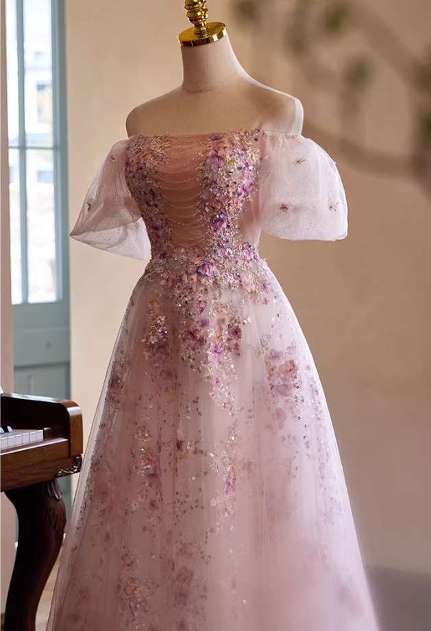 Dainty Off-Shoulder Pink Tulle A-Line Sweet 16th Dresses Appliques Sequins Beading Prom Dress AP5427