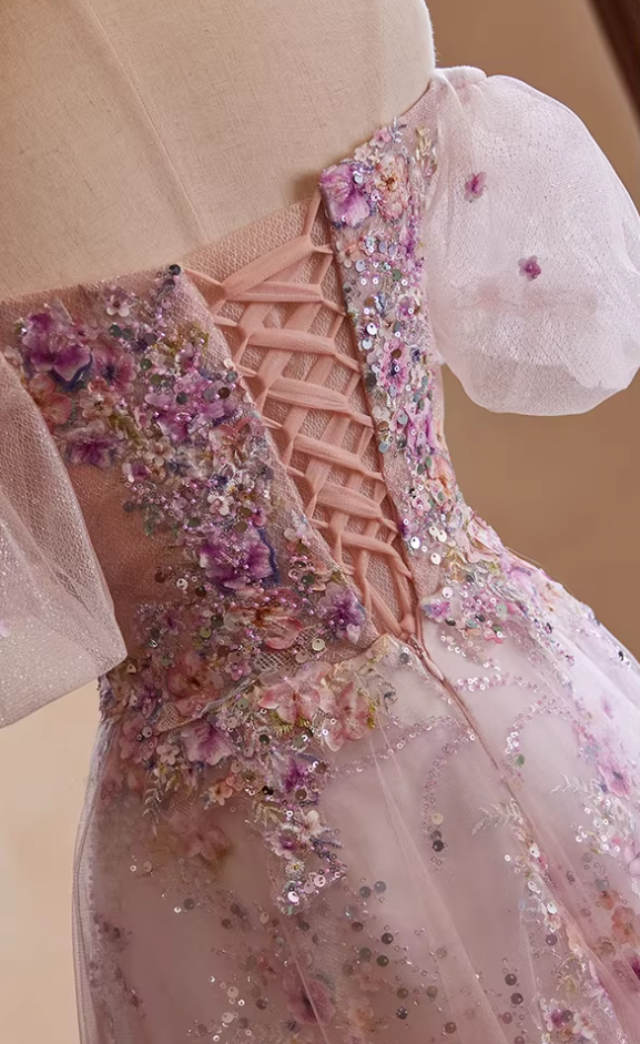 Dainty Off-Shoulder Pink Tulle A-Line Sweet 16th Dresses Appliques Sequins Beading Prom Dress AP5427