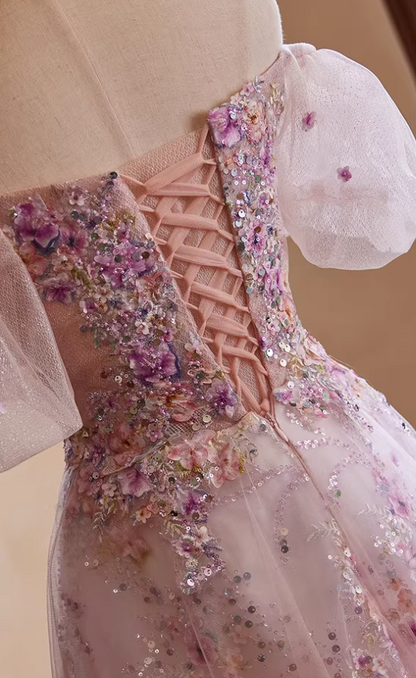 Dainty Off-Shoulder Pink Tulle A-Line Sweet 16th Dresses Appliques Sequins Beading Prom Dress AP5427