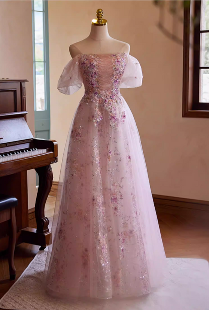 Dainty Off-Shoulder Pink Tulle A-Line Sweet 16th Dresses Appliques Sequins Beading Prom Dress AP5427
