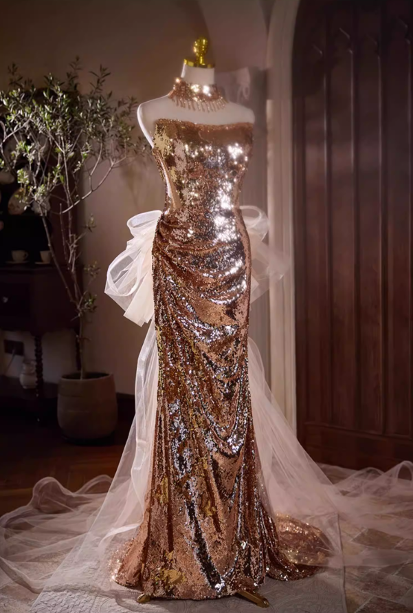 Cozy Strapless Long Mermaid Evening Dress Sequins Prom Dress AP5428
