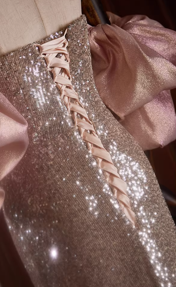 Lustrous Sheath Puff Off-Shoulder Sweet 16th Dresses Sequins Prom Dress AP5429