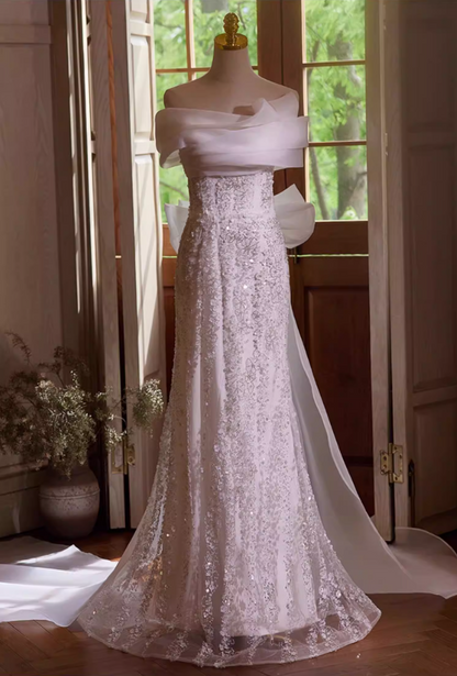 Ornate Off-Shoulder Mermaid Bridal Gowns Appliques Sequins Tulle Wedding Dress AP5431