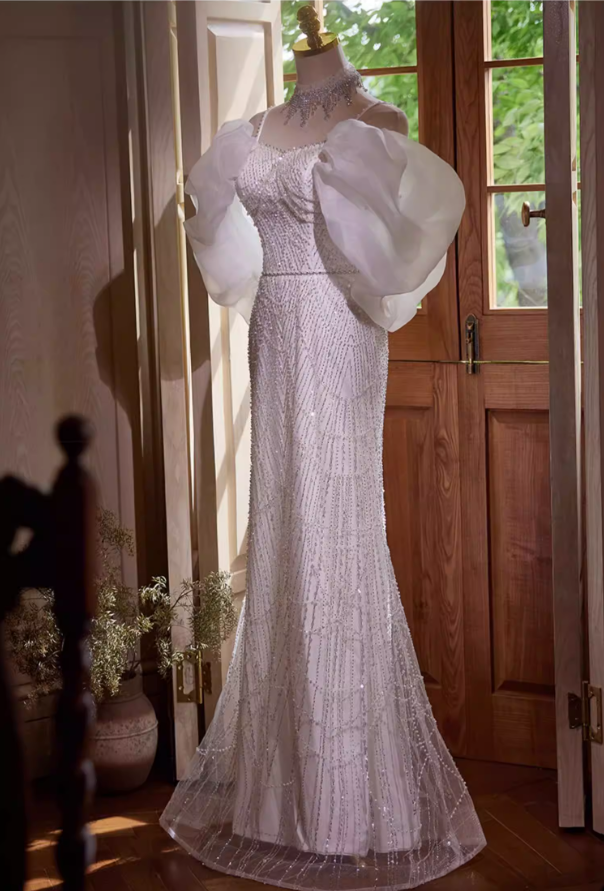 Fabulous Spaghetti Strap Mermaid Bridal Gowns Beading Sequins Tulle Wedding Dress AP5432
