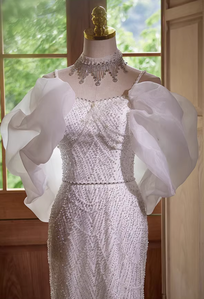 Fabulous Spaghetti Strap Mermaid Bridal Gowns Beading Sequins Tulle Wedding Dress AP5432