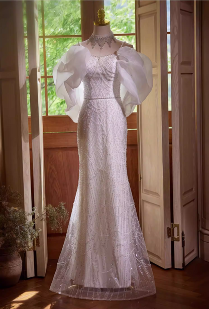 Fabulous Spaghetti Strap Mermaid Bridal Gowns Beading Sequins Tulle Wedding Dress AP5432