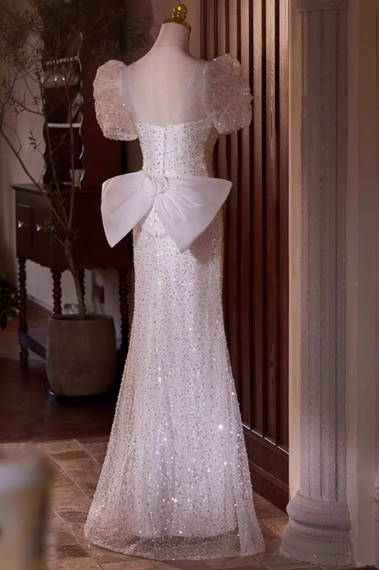 Chic V Neck 3D Floral Mermaid Bridal Gowns Short Sleeve Bow Sequins Beads Tulle Wedding Dress AP5433