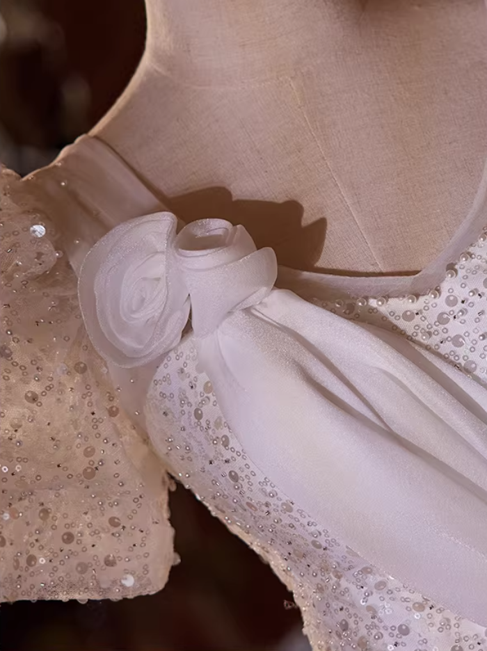 Chic V Neck 3D Floral Mermaid Bridal Gowns Short Sleeve Bow Sequins Beads Tulle Wedding Dress AP5433