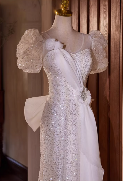 Chic V Neck 3D Floral Mermaid Bridal Gowns Short Sleeve Bow Sequins Beads Tulle Wedding Dress AP5433