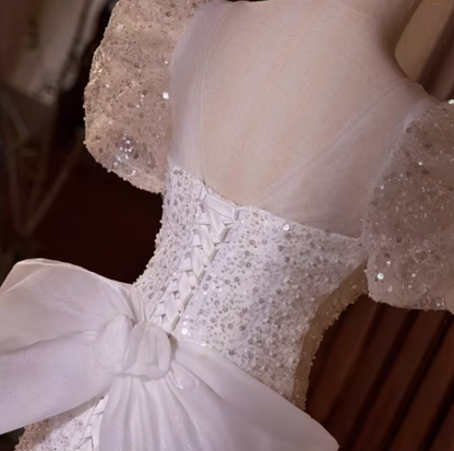 Chic V Neck 3D Floral Mermaid Bridal Gowns Short Sleeve Bow Sequins Beads Tulle Wedding Dress AP5433