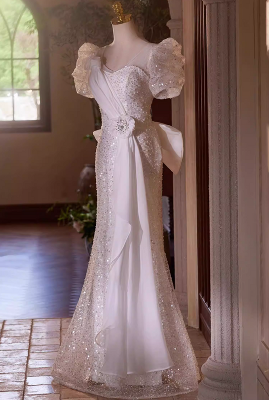 Chic V Neck 3D Floral Mermaid Bridal Gowns Short Sleeve Bow Sequins Beads Tulle Wedding Dress AP5433