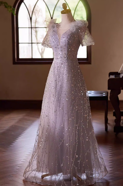 Luxurious A-Line V Neck Sweet 16th Gowns Short Sleeve Sequins Tulle Handmade Flowers Feather Prom Dress AP5434