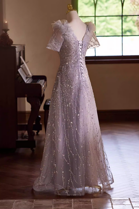 Luxurious A-Line V Neck Sweet 16th Gowns Short Sleeve Sequins Tulle Handmade Flowers Feather Prom Dress AP5434