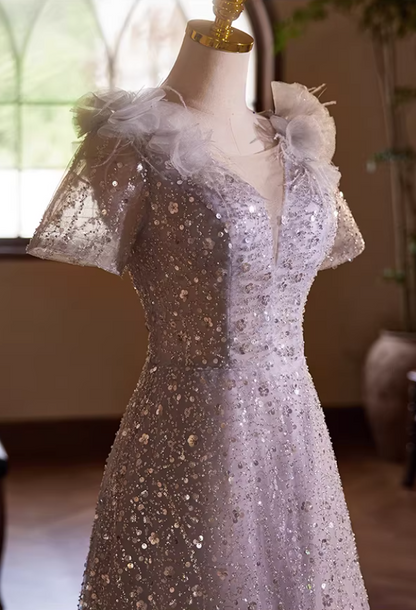Luxurious A-Line V Neck Sweet 16th Gowns Short Sleeve Sequins Tulle Handmade Flowers Feather Prom Dress AP5434