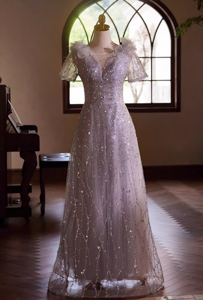 Luxurious A-Line V Neck Sweet 16th Gowns Short Sleeve Sequins Tulle Handmade Flowers Feather Prom Dress AP5434