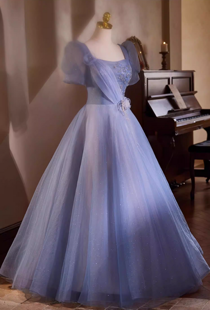 Luxury A-Line Square Neck Blue Tulle Sweet 16th Gowns Short Sleeve Handmade Flowers Beading Sequins Prom Dress AP5435