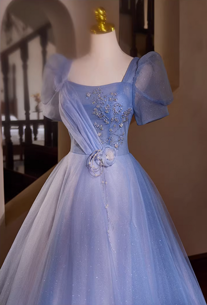 Luxury A-Line Square Neck Blue Tulle Sweet 16th Gowns Short Sleeve Handmade Flowers Beading Sequins Prom Dress AP5435