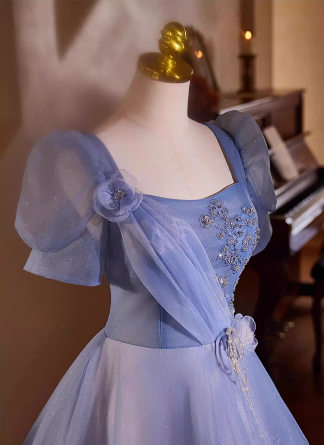 Luxury A-Line Square Neck Blue Tulle Sweet 16th Gowns Short Sleeve Handmade Flowers Beading Sequins Prom Dress AP5435