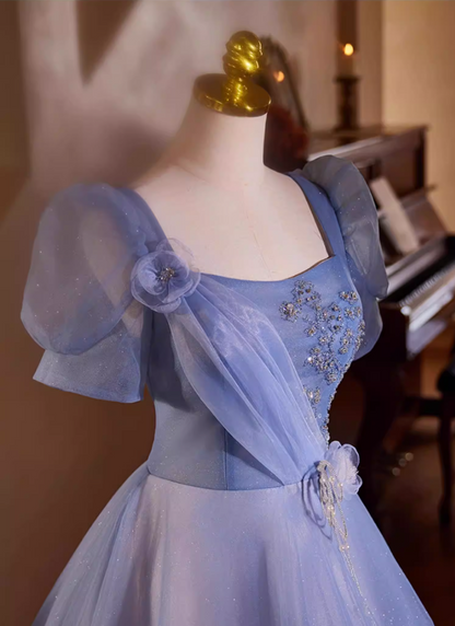 Luxury A-Line Square Neck Blue Tulle Sweet 16th Gowns Short Sleeve Handmade Flowers Beading Sequins Prom Dress AP5435