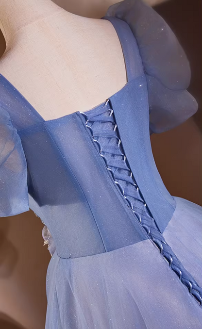 Luxury A-Line Square Neck Blue Tulle Sweet 16th Gowns Short Sleeve Handmade Flowers Beading Sequins Prom Dress AP5435