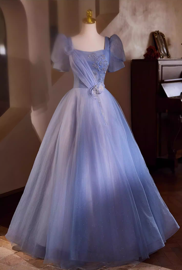 Luxury A-Line Square Neck Blue Tulle Sweet 16th Gowns Short Sleeve Handmade Flowers Beading Sequins Prom Dress AP5435