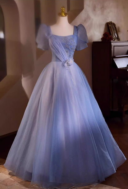 Luxury A-Line Square Neck Blue Tulle Sweet 16th Gowns Short Sleeve Handmade Flowers Beading Sequins Prom Dress AP5435